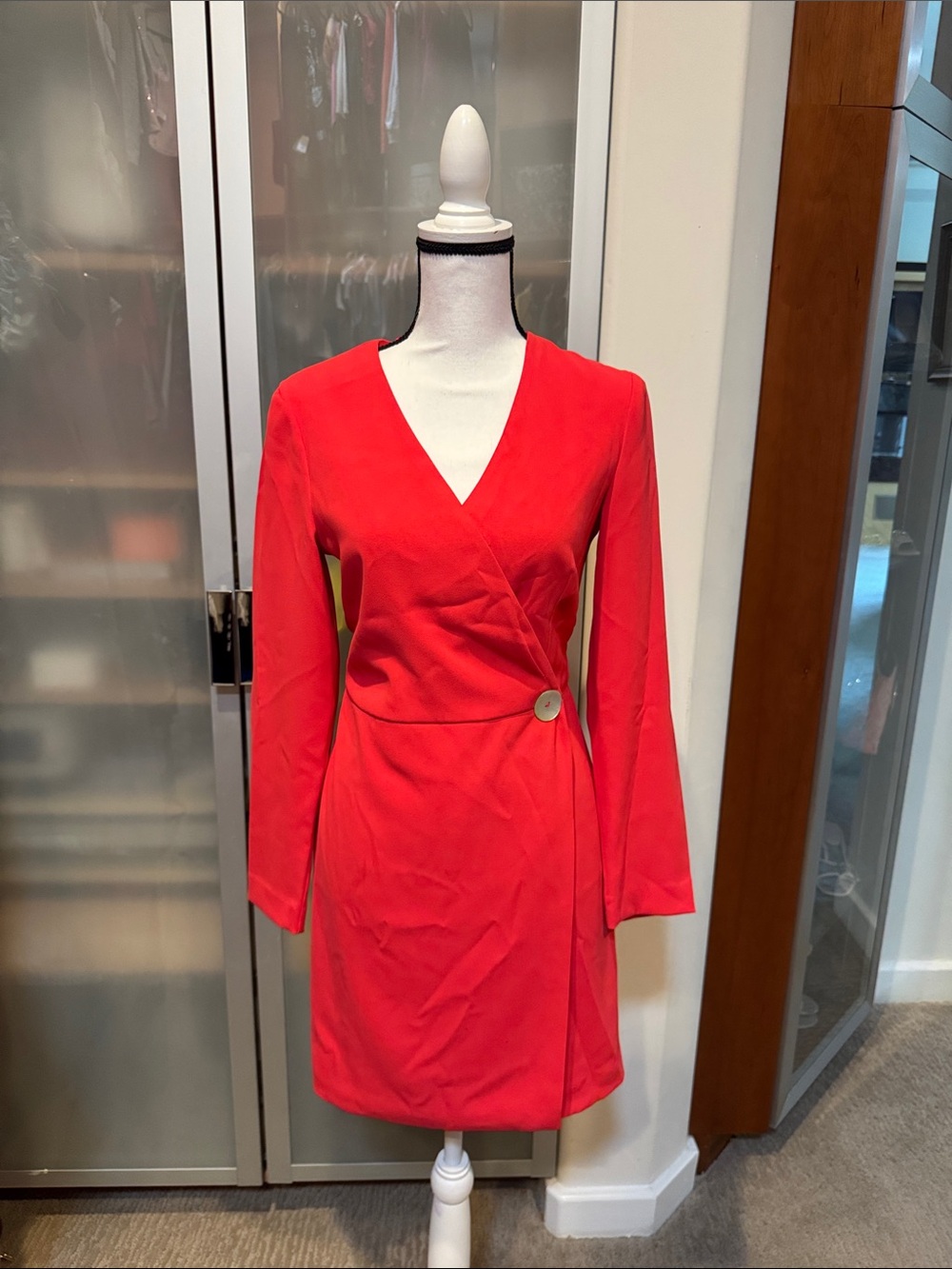 Red Long-Sleeve Wrap Dress with Side Button Detail